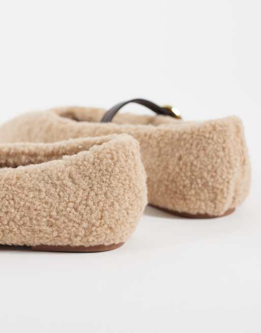 ASOS DESIGN Lillie mary jane ballets in natural borg, 4 of 4