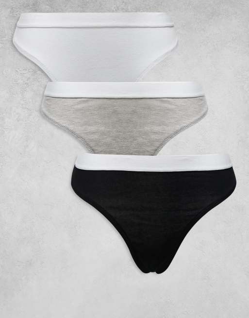 ASOS DESIGN – Lillie – Svarta, grå och vita stringtrosor i bomull med midjeband, 3-pack