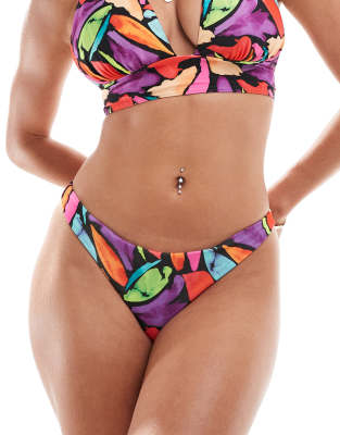 ASOS DESIGN - Lillie - Tanga-Bikinihose mit hohem Beinausschnitt und buntem abstraktem Muster