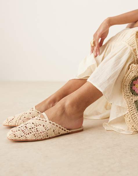 ASOS DESIGN Lilo bow mule ballets in cream embroidery - view 1