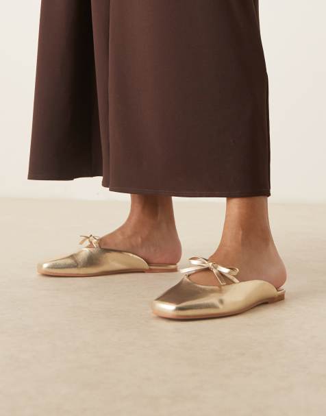 ASOS DESIGN Lilo bow mule ballets in gold - view 1