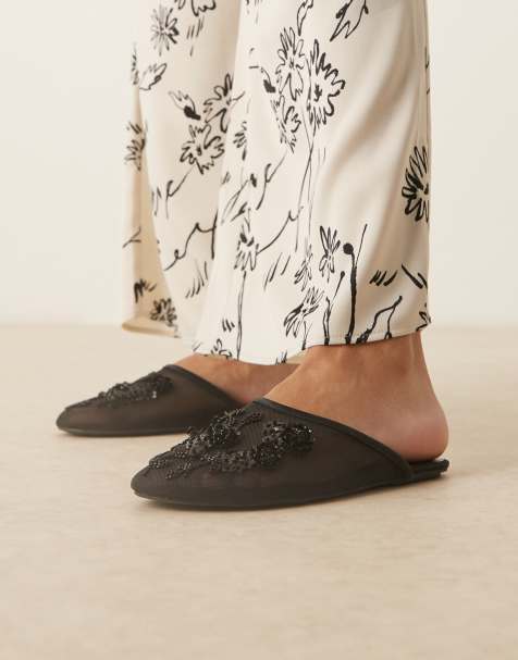 ASOS DESIGN Lilyana embellished mule ballets in black mesh - view 1