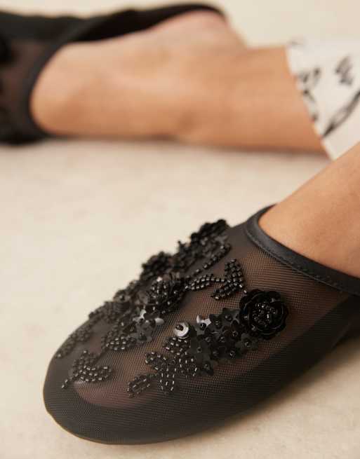 ASOS DESIGN Lilyana embellished mule ballet flats in black mesh