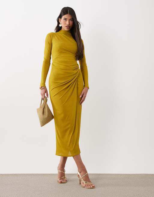 ASOS DESIGN - Limegrøn højhalset midikjole i rynket mesh med lange ærmer, 2 af 4