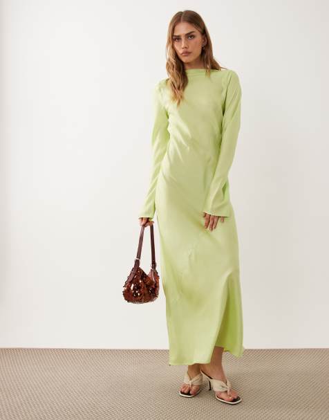 ASOS DESIGN - Limegrøn maxikjole med bred halsudskæring og lange ærmer i satin - view 1