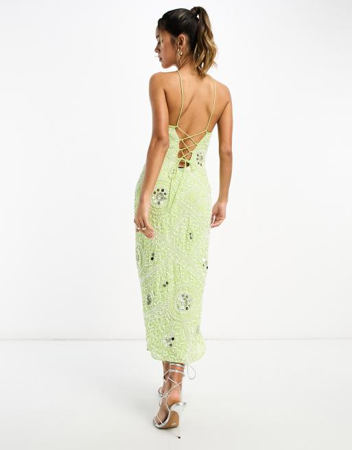 ASOS DESIGN - Limegrøn midikjole med halterneck og udsmykning med hvide perledetaljer, 2 af 4