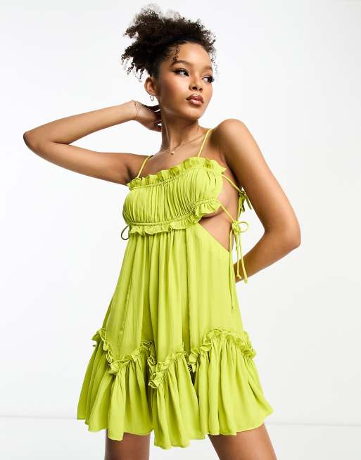 ASOS DESIGN - Limegrøn minikjole i satin med rynket brystparti og bindedetalje samt udskæringer