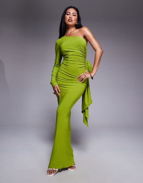 ASOS DESIGN - Limegrøn oneshoulder-maxikjole med rynker og sløjfe på ryggen - view 1