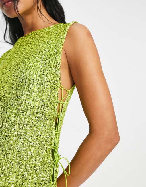 ASOS DESIGN – Limegrön, ärmlös miniklänning med snörning i sidan och paljetter, 2 av 4
