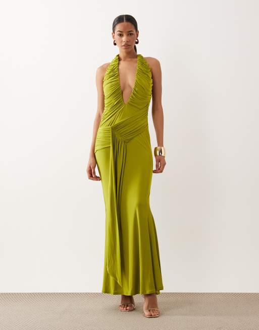 ASOS DESIGN – Limegrön, åtsmitande maxiklänning med superdjup urringning och asymmetrisk drapering, 2 av 4