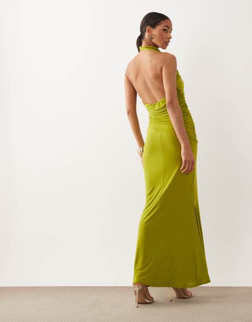 ASOS DESIGN – Limegrön, åtsmitande maxiklänning med superdjup urringning och asymmetrisk drapering, 4 av 4