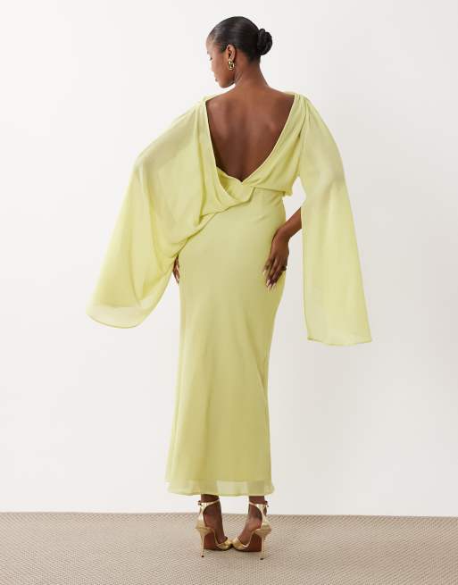 ASOS DESIGN – Limegrön, draperad midaxiklänning med öppen rygg, capedetalj och kimonoärmar, 4 av 4
