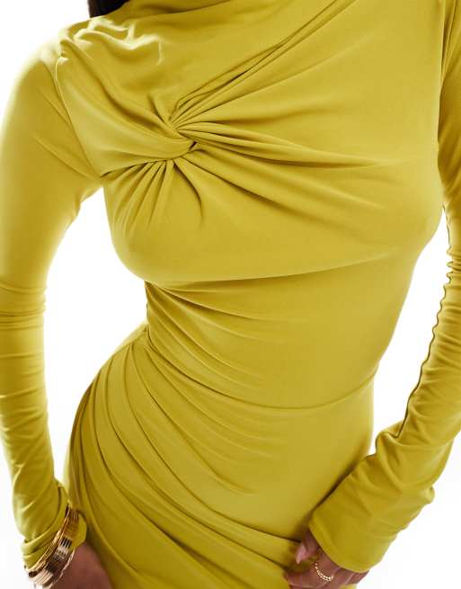 ASOS DESIGN – Limegrön, långärmad maxiklänning med knutdetalj, 3 av 4