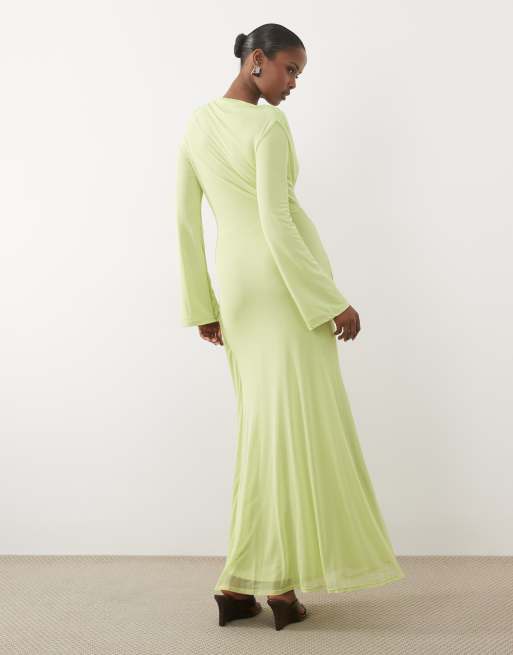 ASOS DESIGN – Limegrön maxiklänning i mesh med långa ärmar, djup ringning och snurrad knut, 3 av 4