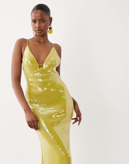 ASOS DESIGN – Limegrön maxiklänning med djup ringning, glaspaljetter och hög övre kupkant, 2 av 4