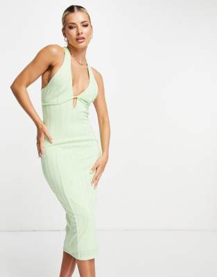 ASOS DESIGN – Limegrön, ribbad midiklänning med dekorativa sömmar, korsade band baktill och halterneck