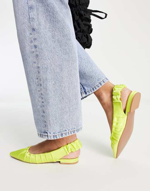 ASOS DESIGN Limelight ruched slingback ballets in lime satin