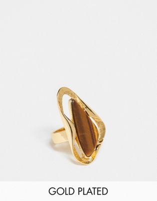 ASOS DESIGN Limited Edition 14k gold plated ring with molten design and tigers eye real semi precious stone