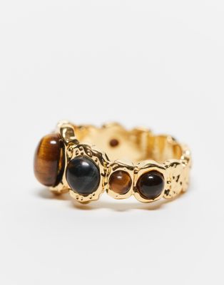 Asos Design Limited Edition 14k Gold Plated Ring With Real Tiger Eye Semi Precious Stone Design In Gold