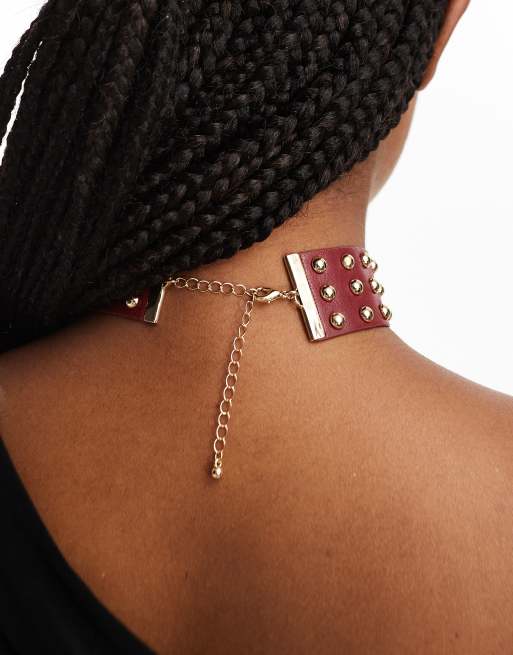 ASOS DESIGN Limited Edition choker necklace with burgundy PU and stud detail, 3 of 4