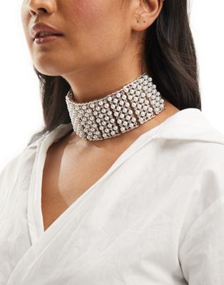 Asos Design Limited Edition Choker Necklace With Faux Pearl And Crystal Cupchain In Silver Tone
