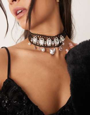 Limited Edition choker necklace with lace crystal and faux pearl drop detail-Black