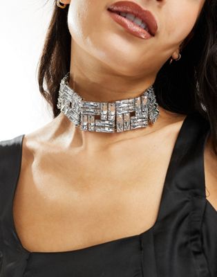 ASOS DESIGN Limited Edition choker necklace with square baguette crystal design in silver tone