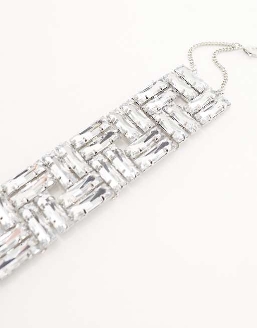 ASOS DESIGN Limited Edition choker necklace with square baguette crystal design in silver tone
