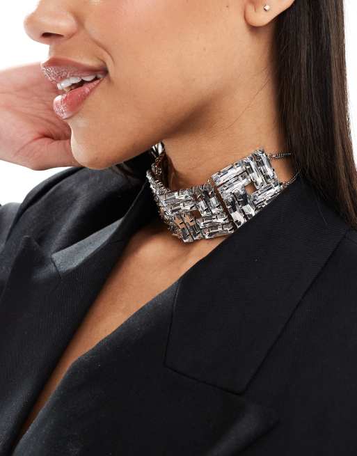 ASOS DESIGN Limited Edition choker necklace with square baguette crystal design in silver tone, 4 of 4