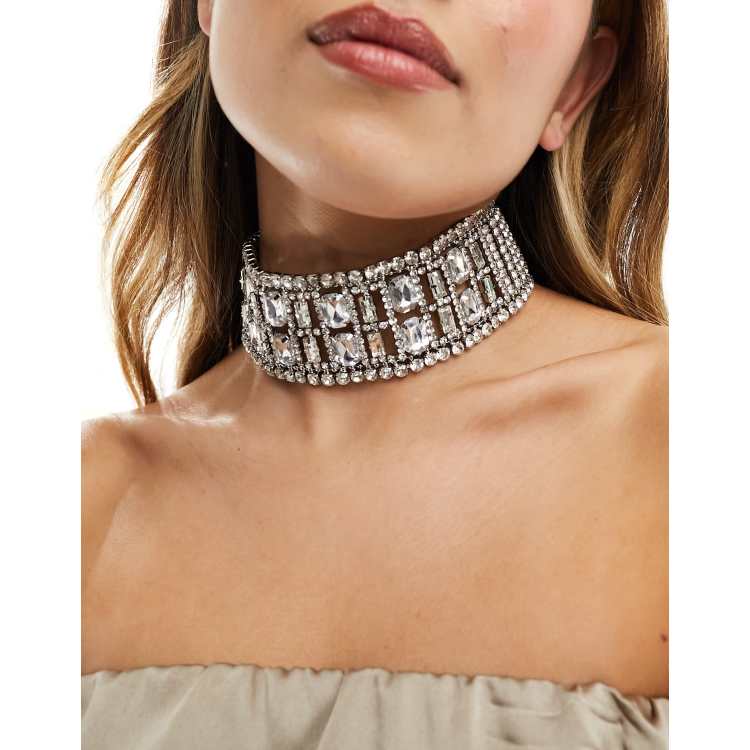 ASOS DESIGN Limited Edition choker necklace with wide crystal design in  silver tone