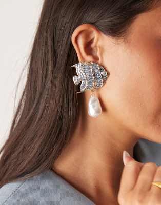 ASOS DESIGN Limited Edition crystal fish stud earrings with faux pearl ...