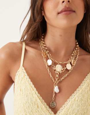 Asos Design Limited Edition Multi-row Lariat Necklace With Chunky Chain, Charm And Faux Pearl Pendant In Gold