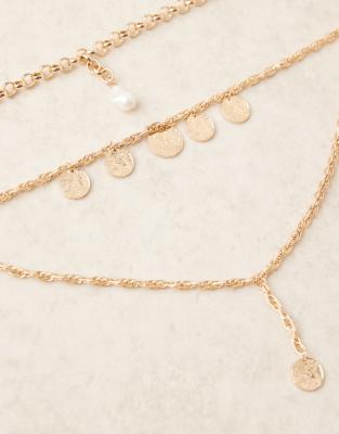 Asos Design Limited Edition Multi-row Lariat Necklace With Chunky Chain, Charm And Faux Pearl Pendant In Gold
