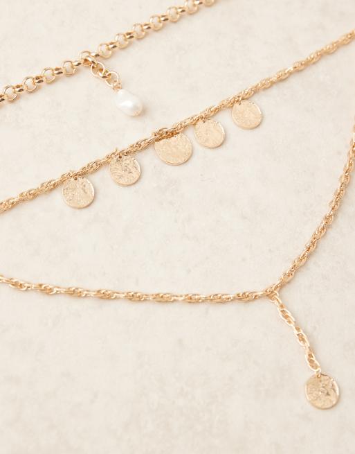 ASOS DESIGN Limited Edition multi-row lariat necklace with chunky chain, charm and faux pearl pendant in gold tone
