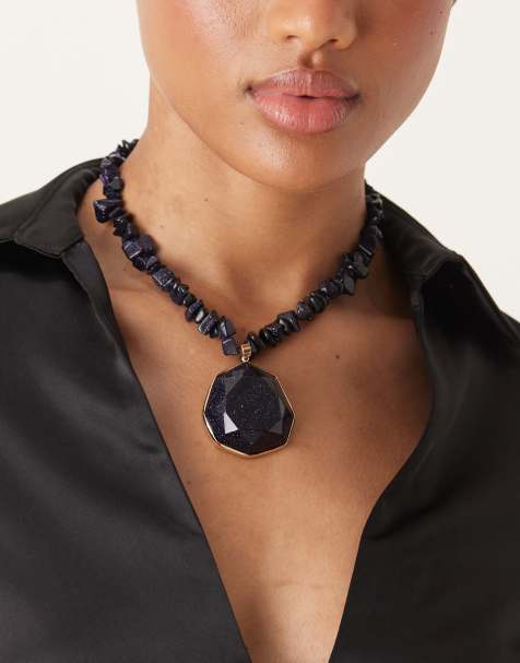 ASOS DESIGN Limited Edition necklace with blue faux stone chippings and blue stone pendant - view 1