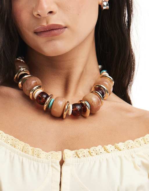  ASOS DESIGN Limited Edition necklace with tigers eye and turquoise semi precious style beads in gold tone