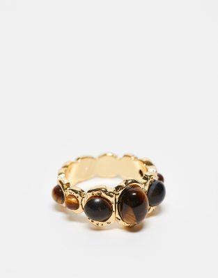 ASOS DESIGN - Limited Edition - Ring mit echten Tigerauge-Halbedelsteinen und 14-Karat-Vergoldung-Goldfarben