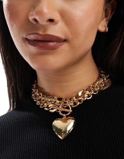 ASOS DESIGN Limited Edition statement necklace with multi chain and puff heart detail in gold tone - view 1