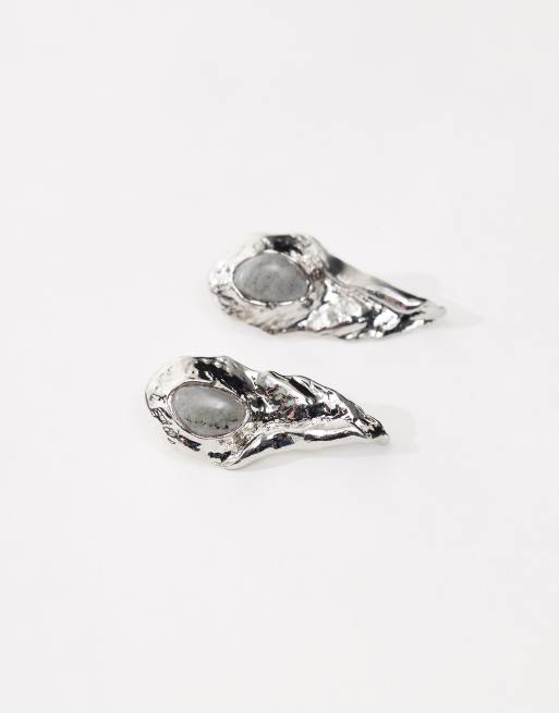 ASOS DESIGN Limited Edition stud earrings with textured molten detail with semi precious stone in silver tone, 2 of 4