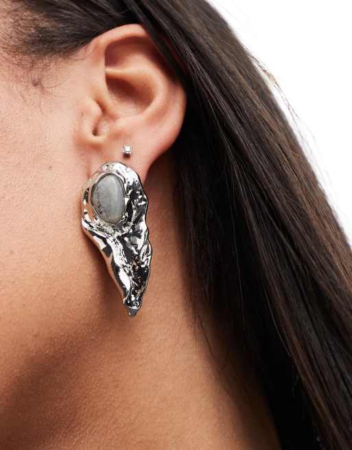 ASOS DESIGN Limited Edition stud earrings with textured molten detail with semi precious stone in silver tone, 3 of 4