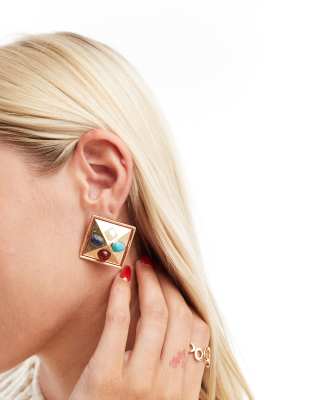 ASOS DESIGN Limited Edition stud earrings with vintage look hammered semi precious design in gold tone