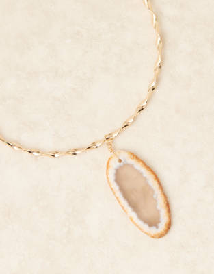 Asos Design Limited Edition Torque Choker Necklace With Semi Precious Slice Stone In Gold