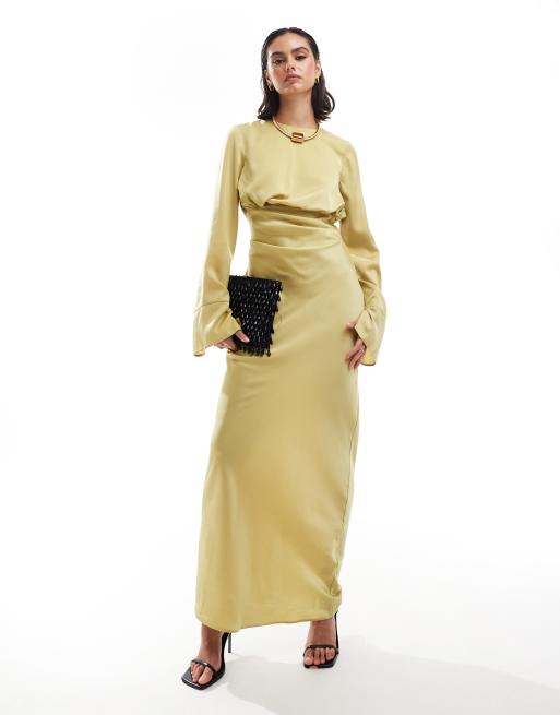 ASOS DESIGN – Limonkowa cięta ze skosu sukienka maxi z drapowanym przodem i zbieranymi rękawami