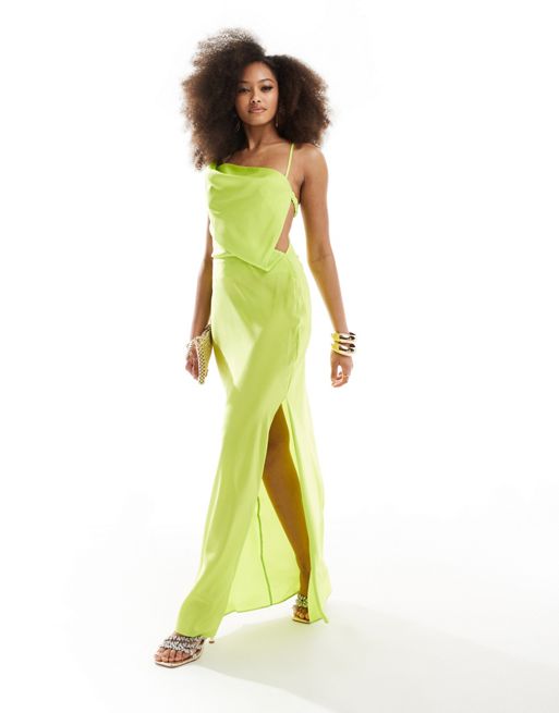 FhyzicsShops DESIGN – Limonkowa satynowa niesymetryczna sukienka maxi z odkrytymi plecami