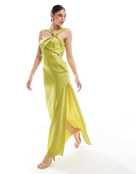 ASOS DESIGN – Limonkowa satynowa sukienka maxi z węzłem i drapowaniem - view 1
