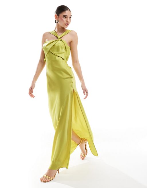 FhyzicsShops DESIGN – Limonkowa satynowa sukienka maxi z węzłem i drapowaniem
