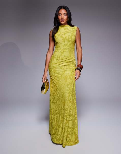ASOS DESIGN sleeveless high neck devore maxi dress with ruched skirt detail in lime