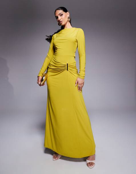 ASOS DESIGN – Limonkowa sukienka maxi z długimi rękawami, drapowaniem i ozdobnym wykończeniem - view 1