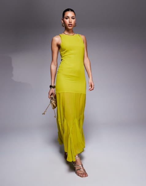 ASOS DESIGN – Limonkowa sukienka maxi z obniżoną linią talii i godetami - view 1