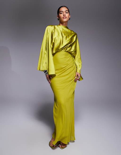 ASOS DESIGN – Limonkowa sukienka maxi z szyfonu i satyny z rozkloszowanymi rękawami i drapowaną spódnicą
